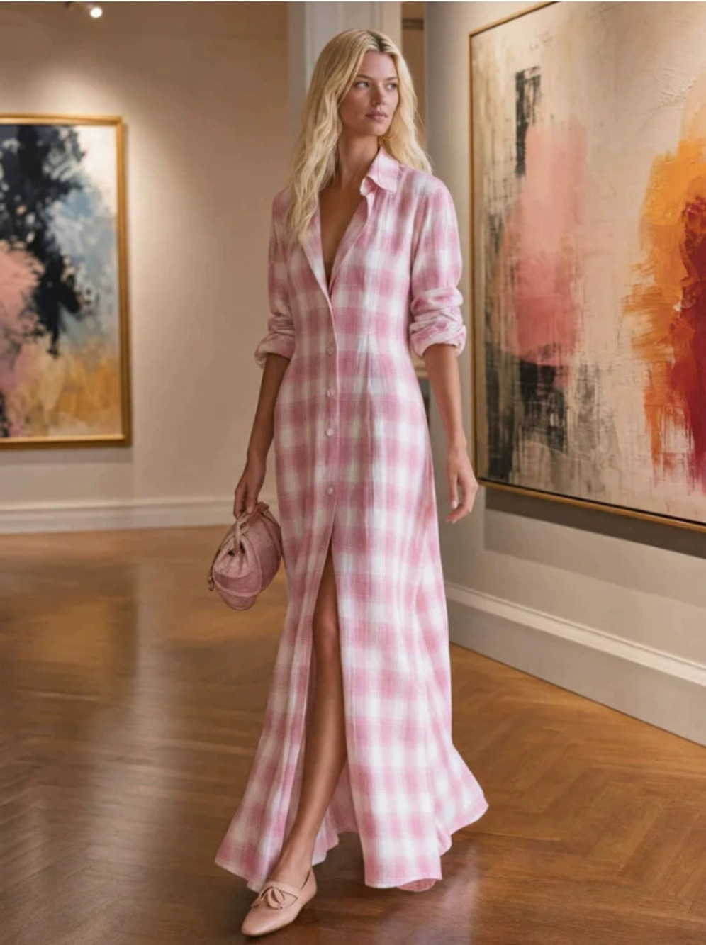 FOREVER 21Retro Casual Pink Plaid Long Dress for Women